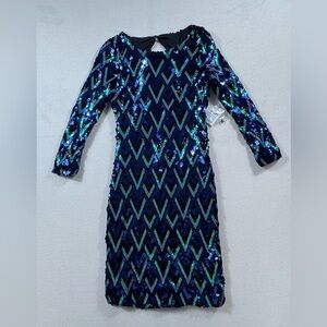 NWT Charlotte Russe Midnight Blue Sequin Chevron Dress M Open Back Cocktail